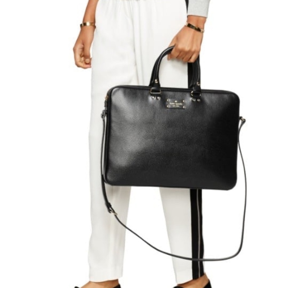 Kate Spade Wellesley Tanner Boar Leather Laptop Bag Black Unisex - Picture 2 of 6